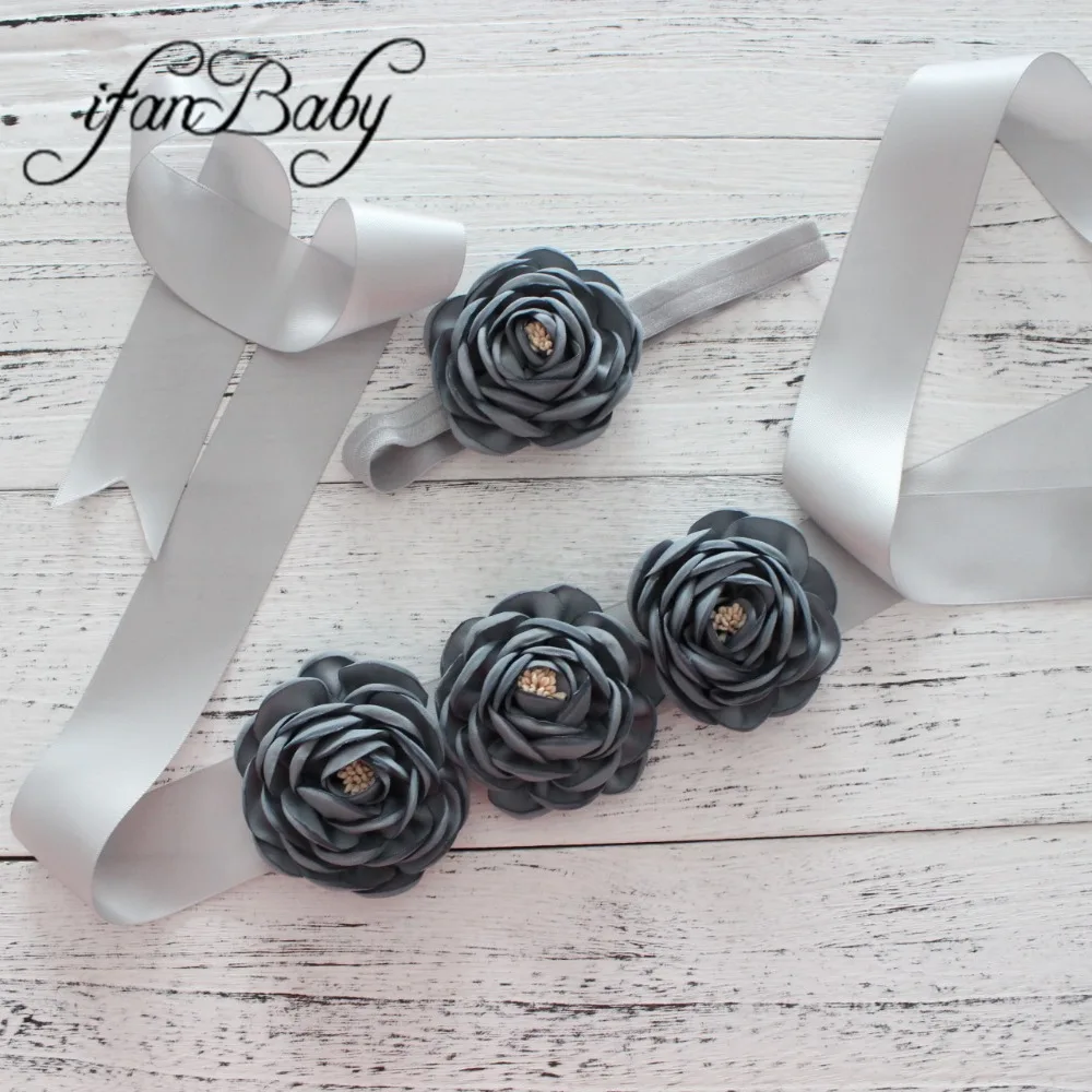 

Fashion women belt ,girl flower sash belt,wedding sash ,Grey flower Sash belt matching burn fabric flower headband 1 SET