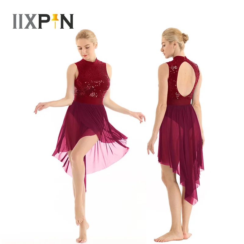 

Women Ballet Lyrical Dance Costumes Halter Neck Sleeveless Backless Shiny Sequined High Low Mesh Leotard Bodysuit Ballet Dress