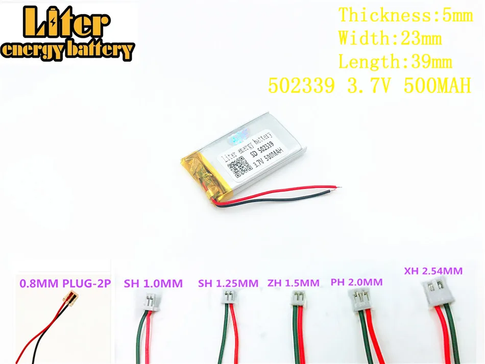 Batería de energía de 3,7 V, 500mAh, 502339, enchufe, polímero de litio, li-po, batería recargable para MP3, MP4, MP5