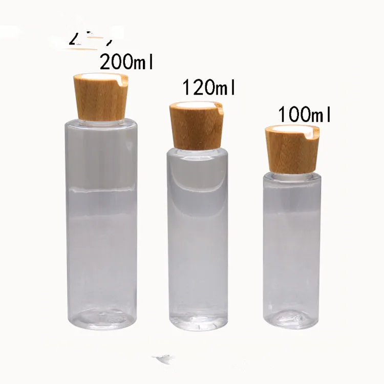 

20pcs/lot 100ml 120ml 200ml Empty Plastic Elite Fluid Skin Care Toner Packing Bottle Transparent PET Container with Bamboo Lid