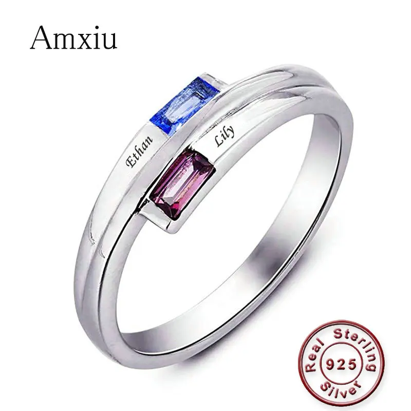 

Amxiu Custom 925 Silver Wedding Rings Engrave Two Names with Birthstone Ring For Bridal Women Special Gift Birthday Party Bijoux