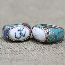 R176 Tibetan OM Mantras Amulet Rings, epal handmade Metal inlaid Naga Conch Shell Ring for Man