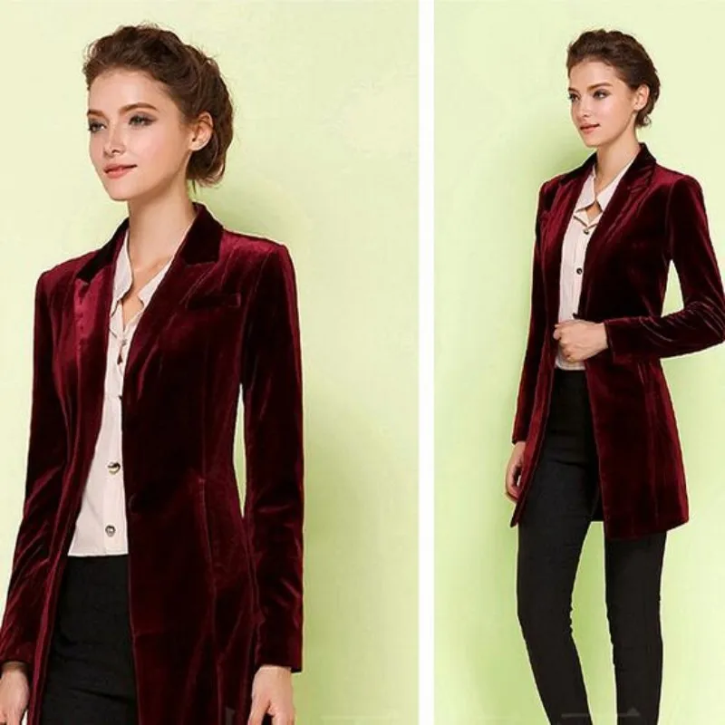 New Female High Quality Chic Tops Europe women's velvet blazer Slim Fit Long OL jacket Ladies Blouses Suit Coat Free Shipping