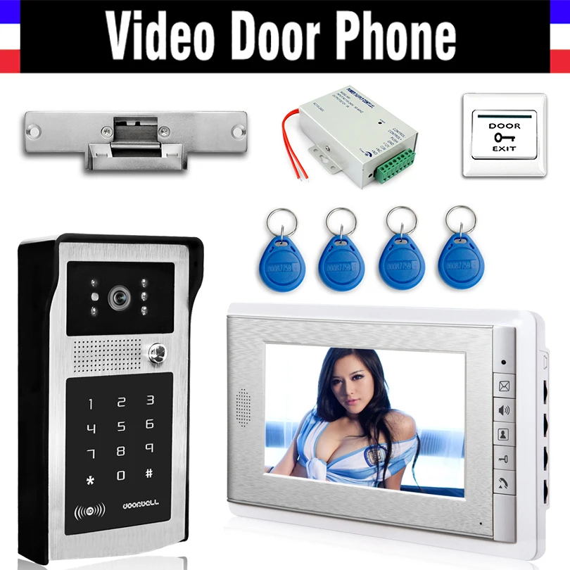 

7 Inch LCD Wired Video Door Phone Doorbell Intercom System Electric Door Strike Lock ID Card Power Exit Aluminum Alloy Case