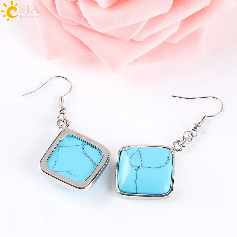 CSJA Geometry Natural Stone Pendant Dangle Earrings Girls Women Jewelry Square Gem White Blue Howlite Pink Quartz Crystal E163