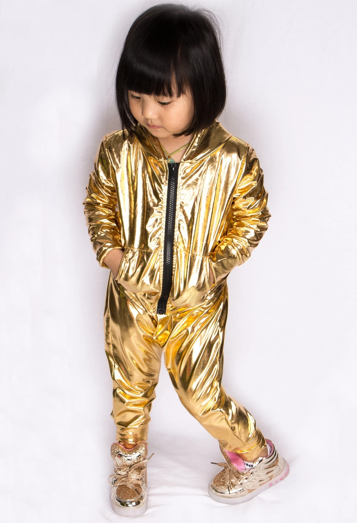 Spring Autumn Kids Gold bomber Jacket Stage Performance Wear paillette feminina casaco Hip Hop dance coat