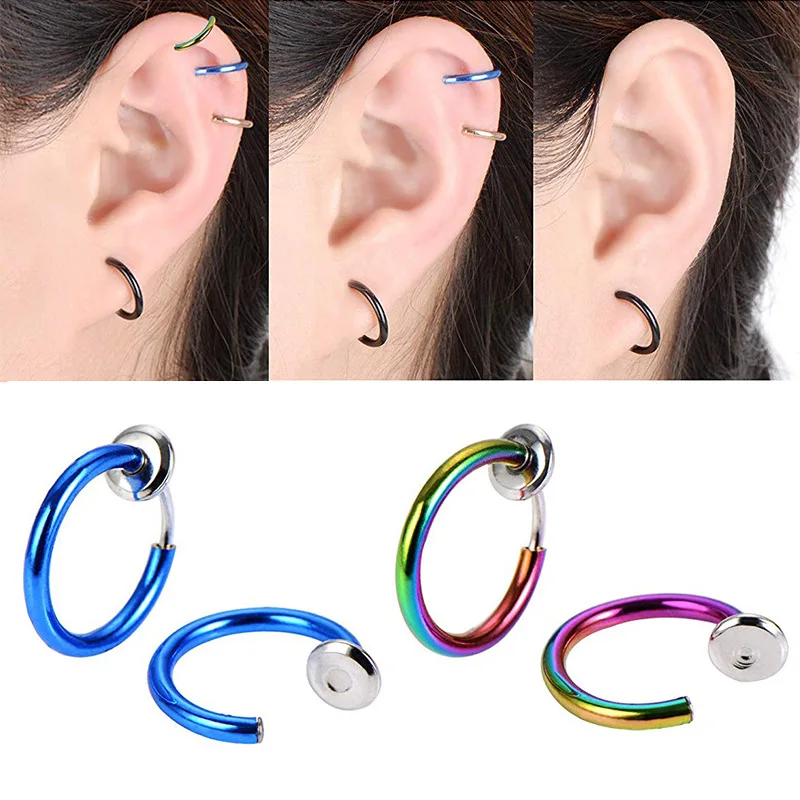 2Pcs Spring Clip Fake Earring For Mens/Womens Stainless Steel Small Ear Circle On Nose Ring Hoop Lip Ring Jewelry