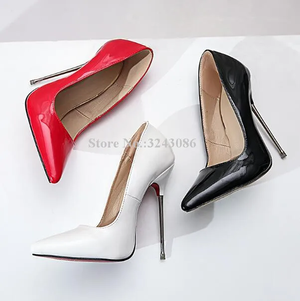 Patent Leather Pointed Toe Metal Thin Heels Stiletto Pumps Lady Sexy 13cm Super High Heels Shoes Fashion Night Club Party Shoes