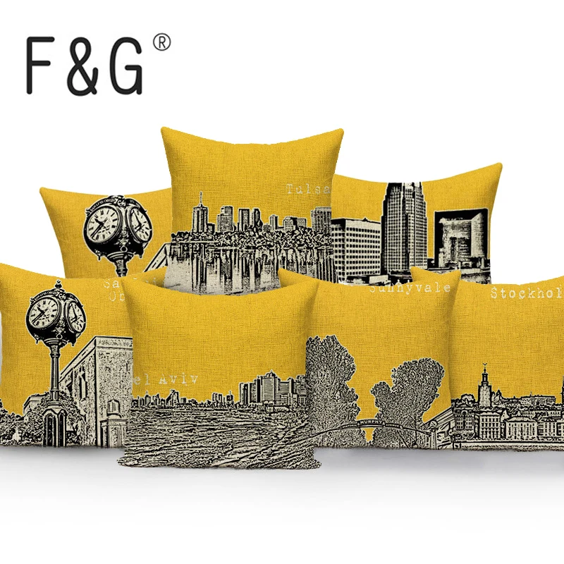 Nordic Scenic Cushion Cover Yellow Decorative Linen Square Throw Pillows Shabby The View of The City Home Decor Pillow Cover