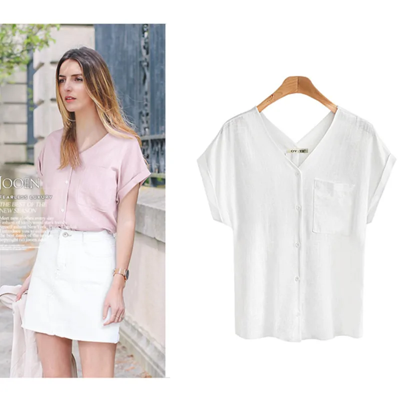 Summer V-Neck Women Shirt Cotton Linen Female Casual Top Pink White Blue Khaki Ladies Chiffon Blouse Pockets Clothing Plus Size