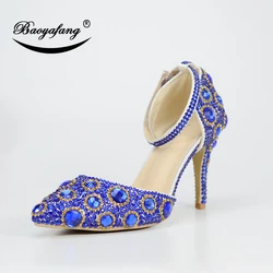 BaoYaFang damskie buty ślubne letnie sandały damskie Party Royal Blue kryształowe buty z paskiem na kostkę kobieta Pointed toe wysokie buty