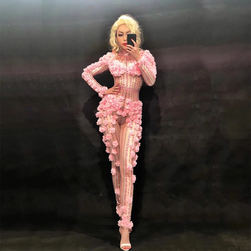 Sexy Dj Pink Flower Crystals Bodysuit Costume One-piece Evening Jumpsuit Celebrate Party Wear Singer Stage Performance Clothing