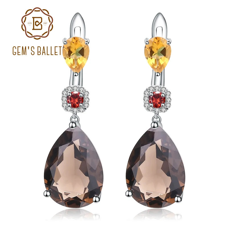 

GEM'S BALLET MixGemstones Natural Smoky Quartz Citrine Garnet Earrings 925 Sterling Silver Drop Earrings For Women Fine Jewelry