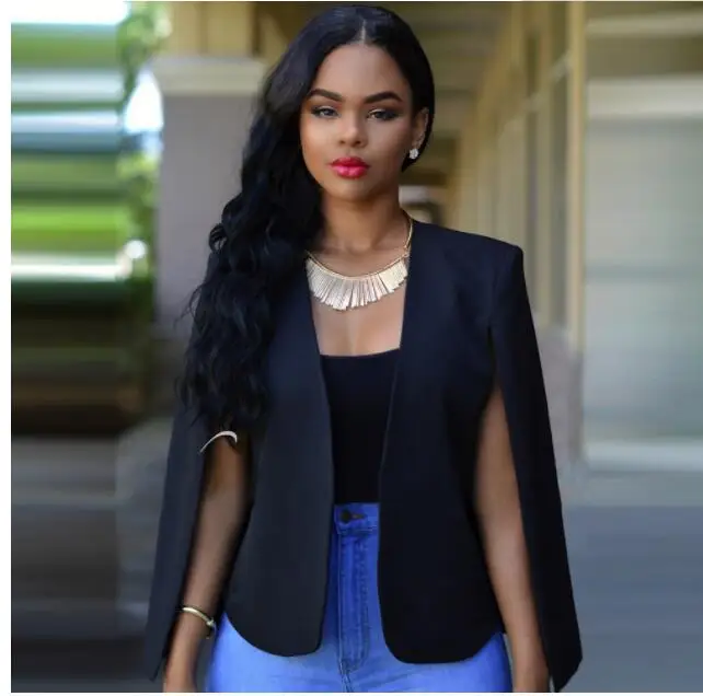 Moda pelerin pelerin Blazer kadın ceket beyaz siyah yaka bölünmüş uzun kollu cepler katı günlük giysi ceket iş giysisi