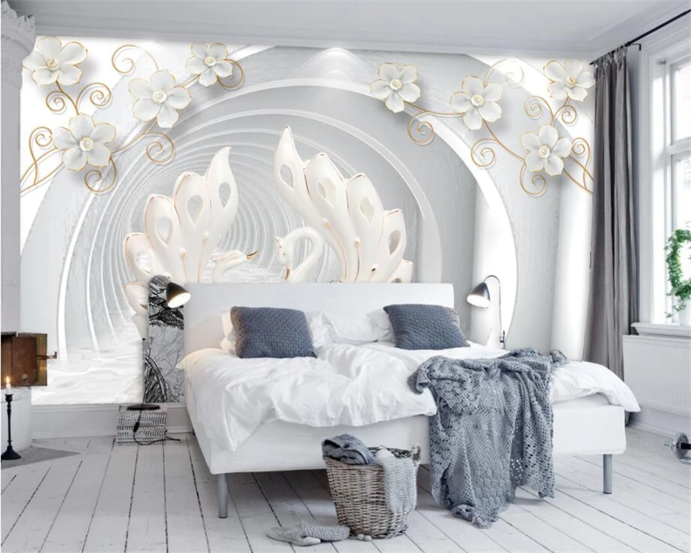 

beibehang Custom Wallpaper Home Decorative Background Mural 3D White Jewelery Flower Swan Stereo TV Wall mural 3d wallpaper