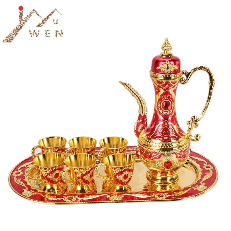 Metal Crafts Coffee Set Wine Set European Tea Sets Creative Hotel/ Home Room Table Decoration 1 set= 1 plate+ 1 pot +6 cups