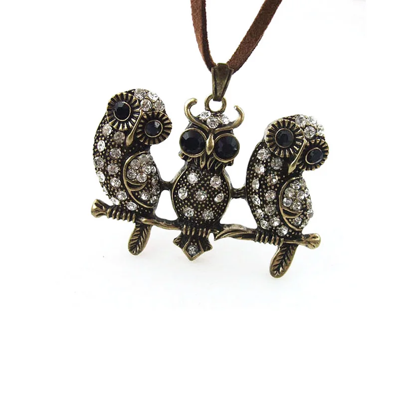 Trio Owl Rhinestone Pendant Suedo Rope Necklace Women Vintage Style Retro Three Animal Bronze Metal Long Necklaces Lady Jewelry