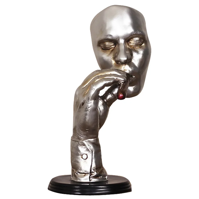 Creative Face Statue of Smoker Resin Figurine, Abstract Sculpture, Man Smoking Cigar Character Artwor