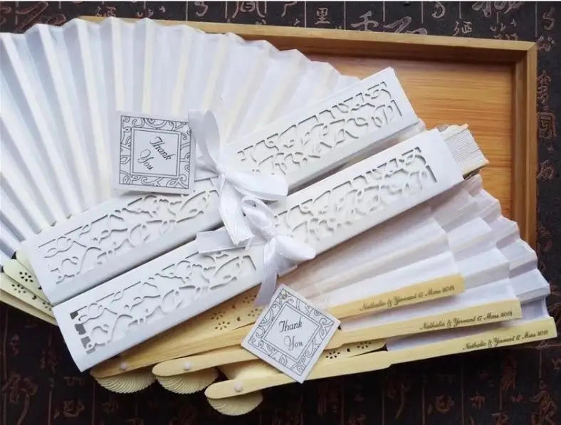 100pcs Personalized Luxurious Silk Fold hand Fan in Elegant Laser-Cut Gift Box +Party Favors/wedding Gifts+printing ni224