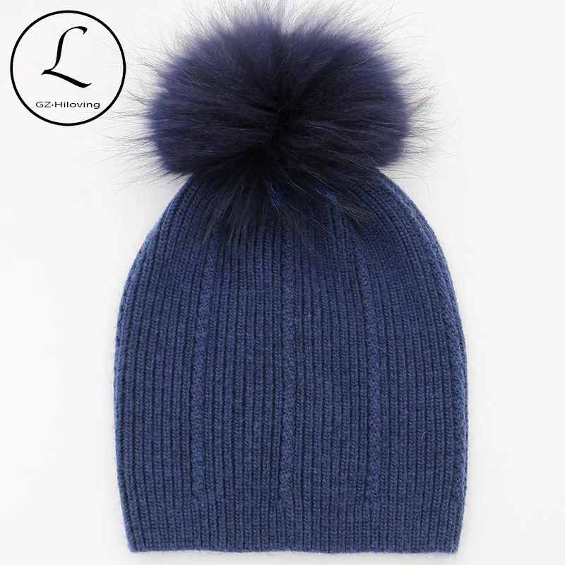 

GZHILOVINGL Autumn Beanie Cap Small Braids Striped Winter Hats Men Crochet Hat With Black Raccoon Fur Pompom Top Quality 16523G2