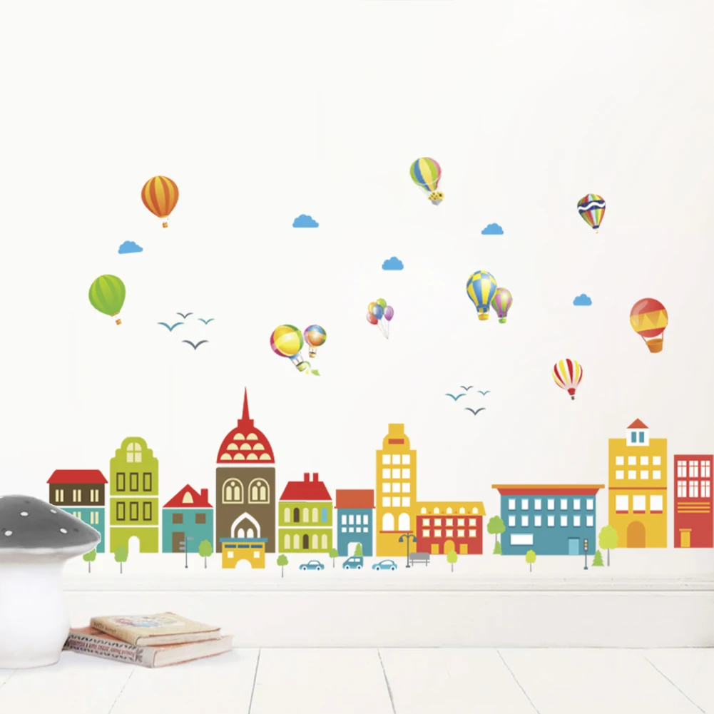 Balloons White clouds city building wall stickers For kids rooms decals children bedroom kindergarten Decoration art wall Decals