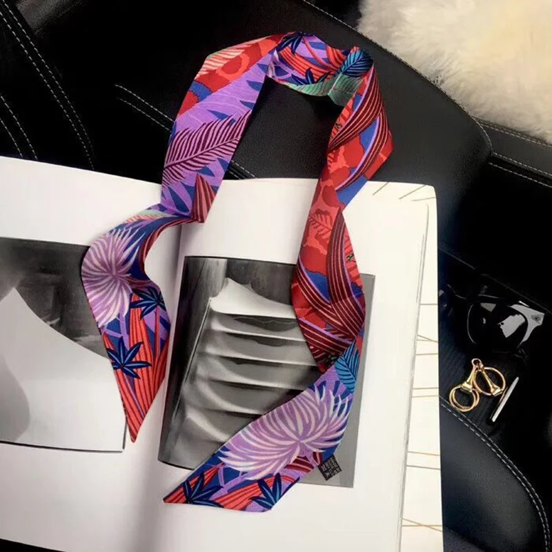 New Luxury Brand Silk Small Women Head Scarf Hair Bags Tropical rainforest Handle Decoration Tie Multifunction Hand Ribbon Scarf image 3