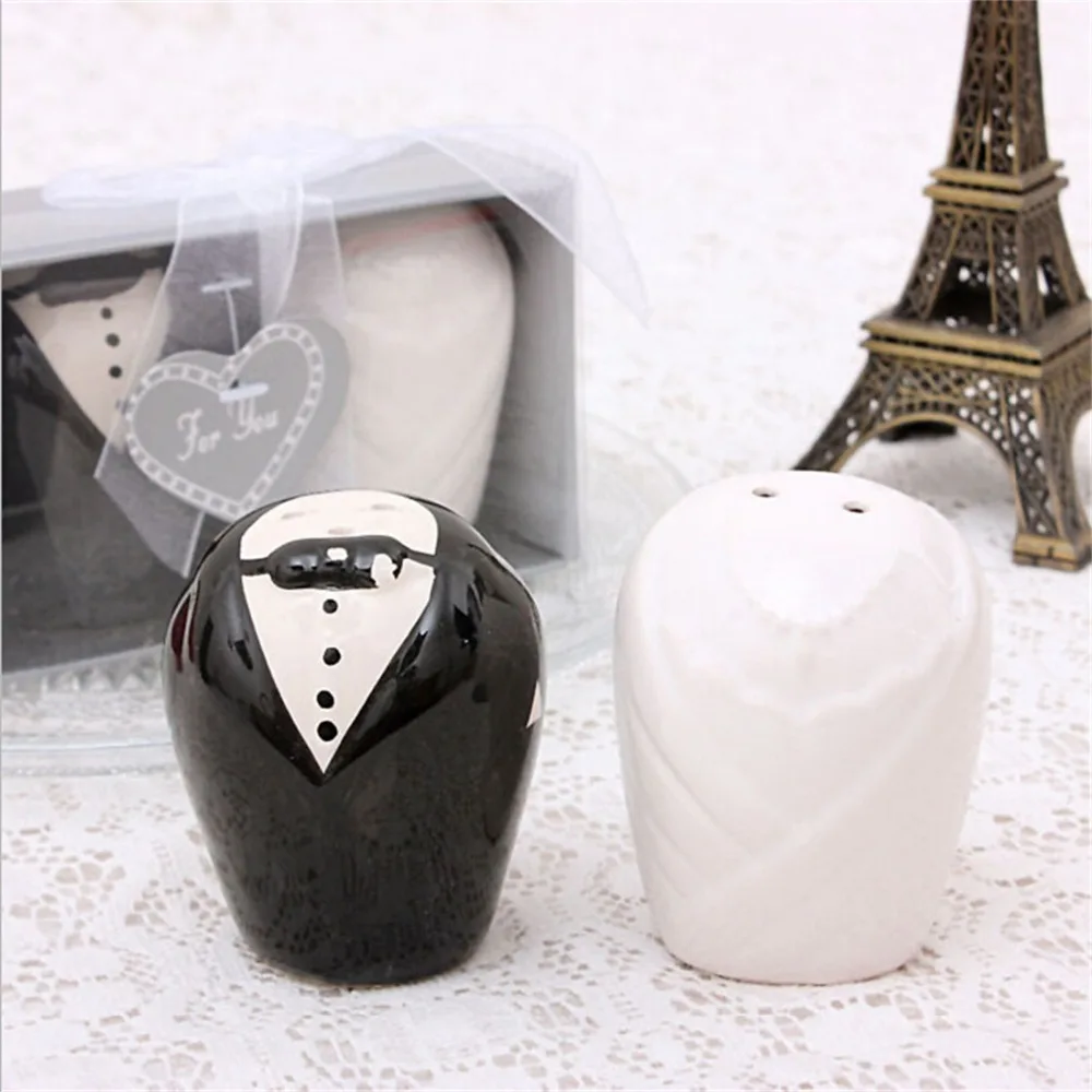 Home Portable 2Pcs Wedding Party Festival Favor Gift Ceramic Bride Groom Spice Shaker Salt Pepper Parade Seasoning Shaker Set