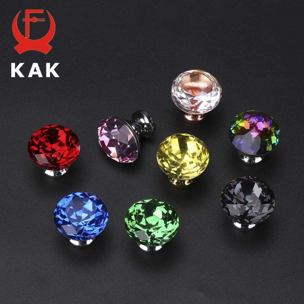 KAK 30mm Diamond Shape Design Colorful Crystal Glass Knobs Cupboard Drawer Pull Door Kitchen Cabinet Wardrobe Handles Hardware