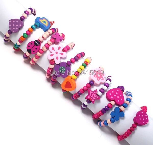 Free ship 48x Cool New Charming girls wooden bracelet assortment differ shapes colors loot pinata party bag fillers favor gifts