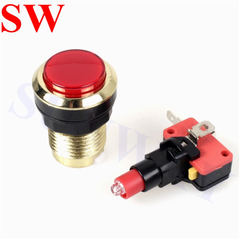 16PCS 32mm round 12V LED Push Button gold Plated lighted button switch Gilded Illuminated with microswitch Arcade Game machine