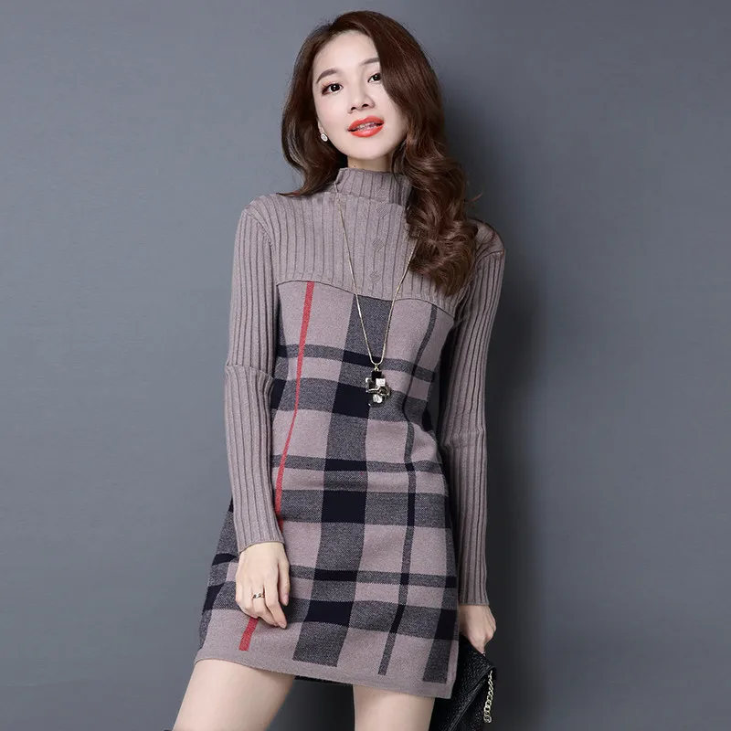 2022 New Women Autumn Winter Dress Turtleneck Long Sleeve Plaid Knitted Sweater Dress Female Loose  Sweaters Pullovers Dress 315