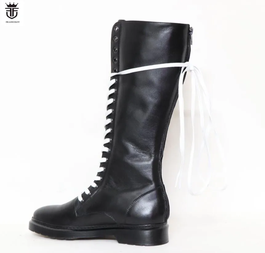 Fr. lancelot 2020 Nuovi Mens Stivali di Pelle di Avvio Zip Up Uomini Alti Al Ginocchio di Sesso Maschile Stivali Lace Up Mezza Stivaletti Tacco