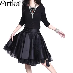 ARTKA Women's New Summer Dreamland Elegant Luxurious Silk Crinoline Organza Handmade Battenburg Lace Midi Skirt A06378