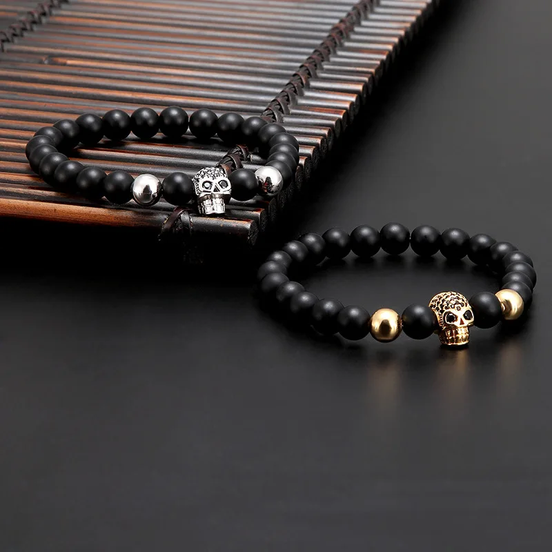 VOQ Fashion Vintage Men\'s Jewelry Black Zircon Skull Charm Bracelet 8mm Beads Natural Stone Bracelet Hot Sale