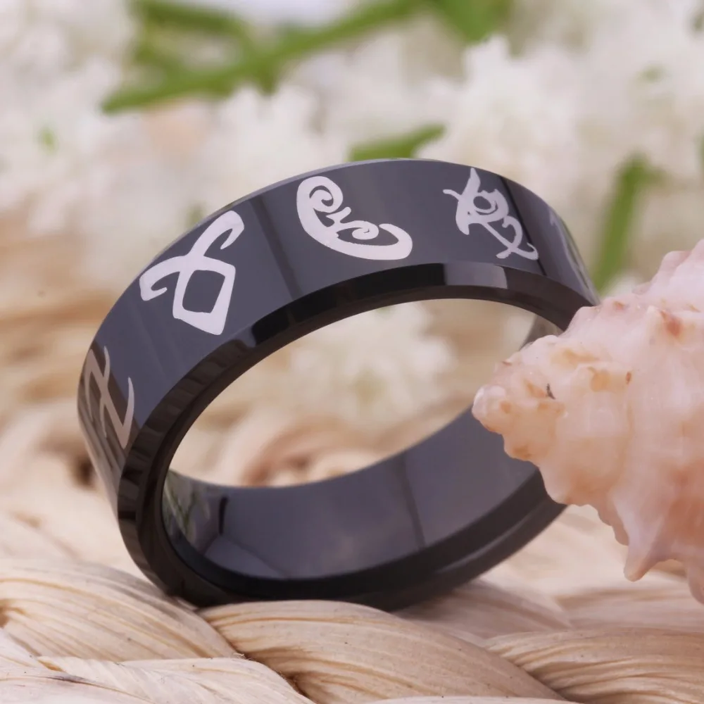 Free Shipping YGK JEWELRY Hot Sales 8MM Black Bevel Mortal Instruments Runes Men's Fashion Tungsten Wedding Ring