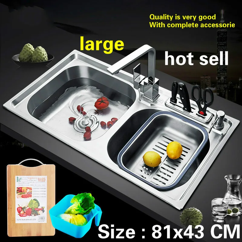 

Free shipping Household luxurious large kitchen double groove sink wash the dishes 304 stainless steel hot sell 810x430 MM