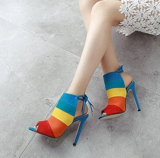 

Sweet Colorful Patchwork Women Sandals Back Cut-out Heels Tie-up Gladiator Sandals Shoes Women Peep Toe High Heel Sandals