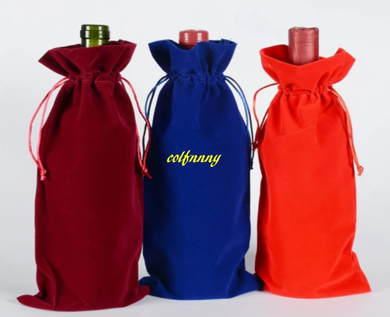 100pcs/lot Fast shipping Flannelette Red Wine Bags Drawstring Wine Bottle Pouch Gift Covers package bag 3 colors