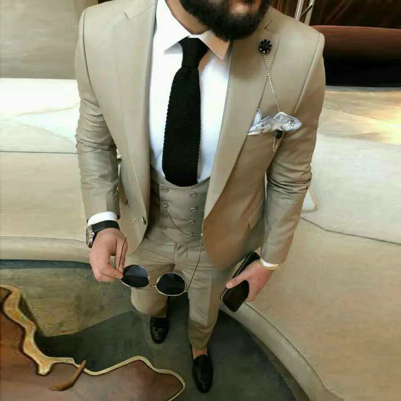 Latest Khaki Mens Suits Dinner Party Prom Suit Groom Tuxedos Groomsmen Wedding Blazer Suits For Men 3 Pcs (Jacket+Pant+Vest)