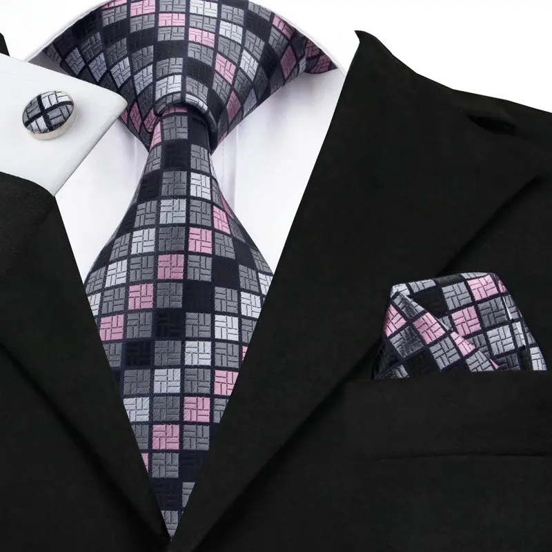 

SN-482 Black Pink Dimgray Plaid Tie Hanky Cufflinks Sets Men's 100% Silk Ties for men Formal Wedding Party Groom