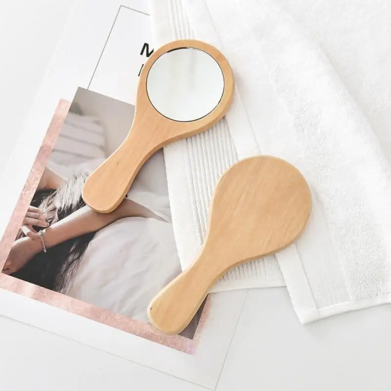 Natural Wooden Handle Mirror Vintage Portable Compact Makeup Handheld Mirror Wedding Party Favor Gift LX7194