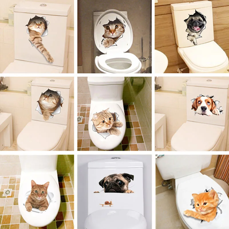 Cat Dog Toilet Stickers Vivid 3D Look Wall Decals Funny Animals Home Decoration Poster Diy Pvc Bathroom Mural Art