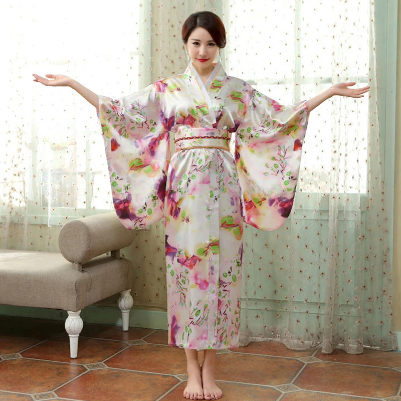 Brand  New Arrival Kimono With ObiJapanese Style Lady Kimono Sexy Women Yukata Vintage Evening Party Dress One Size