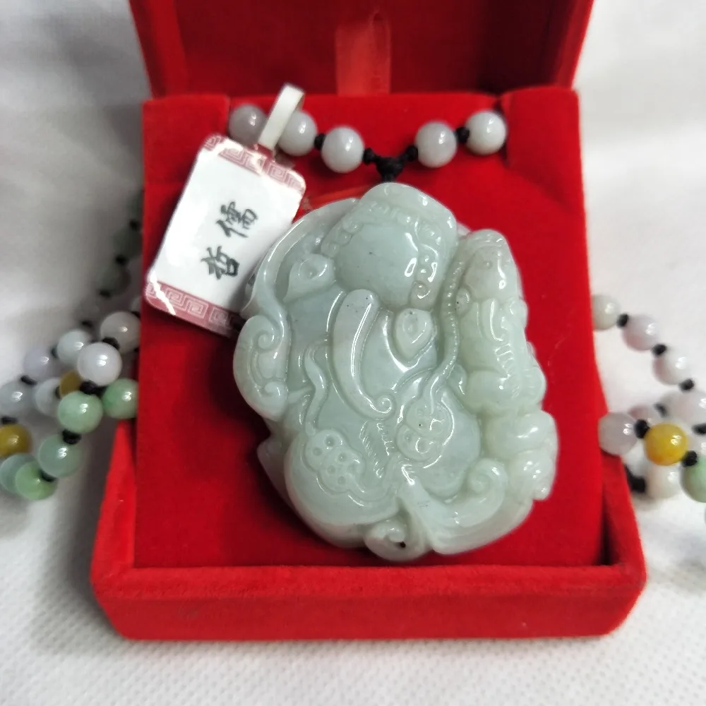 Zheru Jewelry The only piece of natural Jadeite double animal beast pendant Three-color jade bead necklace Send A-level certific