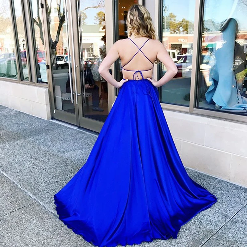 Dài Royal Blue Prom Dress Spaghetti Dây Đeo Vestido De Fiesta De Graduacion Chéo Trở Lại Sweep Train Satin Prom Gowns 2019