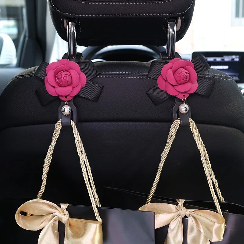 Camellia Flowers Car Seat Back Hooks Hangers Organizer Headrest Mount Storage Hooks Clips for Bag Purse Styling Car Accessories