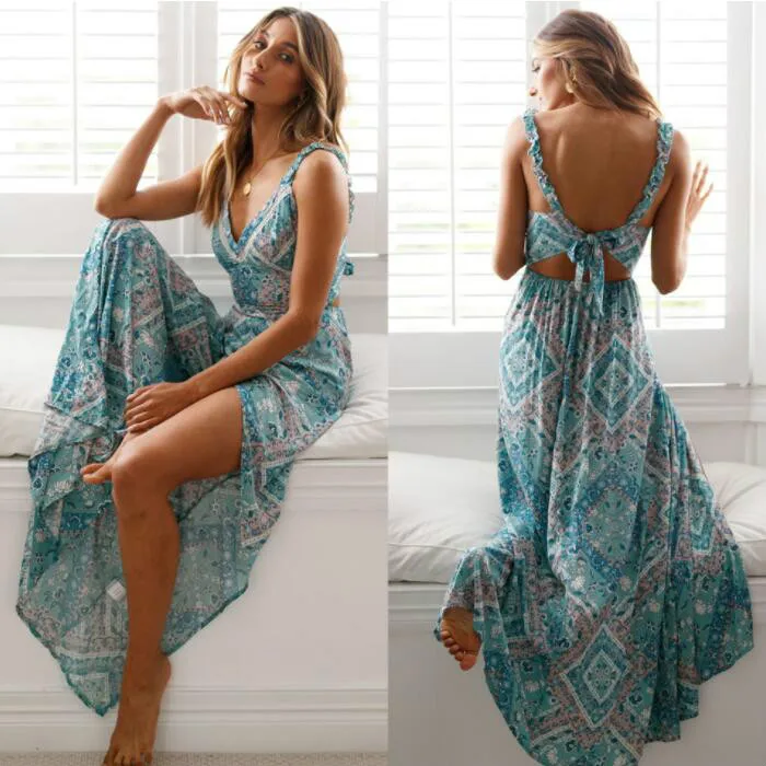 

Women Sexy Backless Dress Summer Bohemian Floral Print Long Dresses Femal V Neck Vestidos Lady Casual Clothes