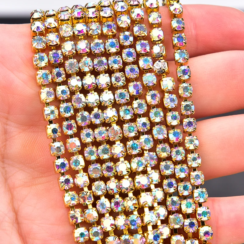 10yards/Lot AAAAA High Quality Glas Rhinestone Fringe Chain Clear Crystal AB With Silver/Gold Metal Base Trim Sewing SS6-SS28
