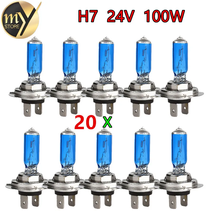 Ampoule halogène 24V H7 100W, 20 pièces, phares antibrouillard Super lumineux, haute puissance, Source de lumière de voiture, parking blanc 6000K