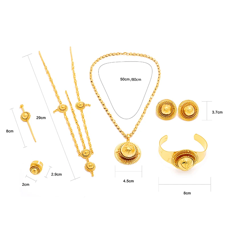 Ethlyn Jewelery Sets for Women Ethiopian African Luxury Gold Color Wedding Jewelry Set 6pcs ladies jewellery sets Big Earrings